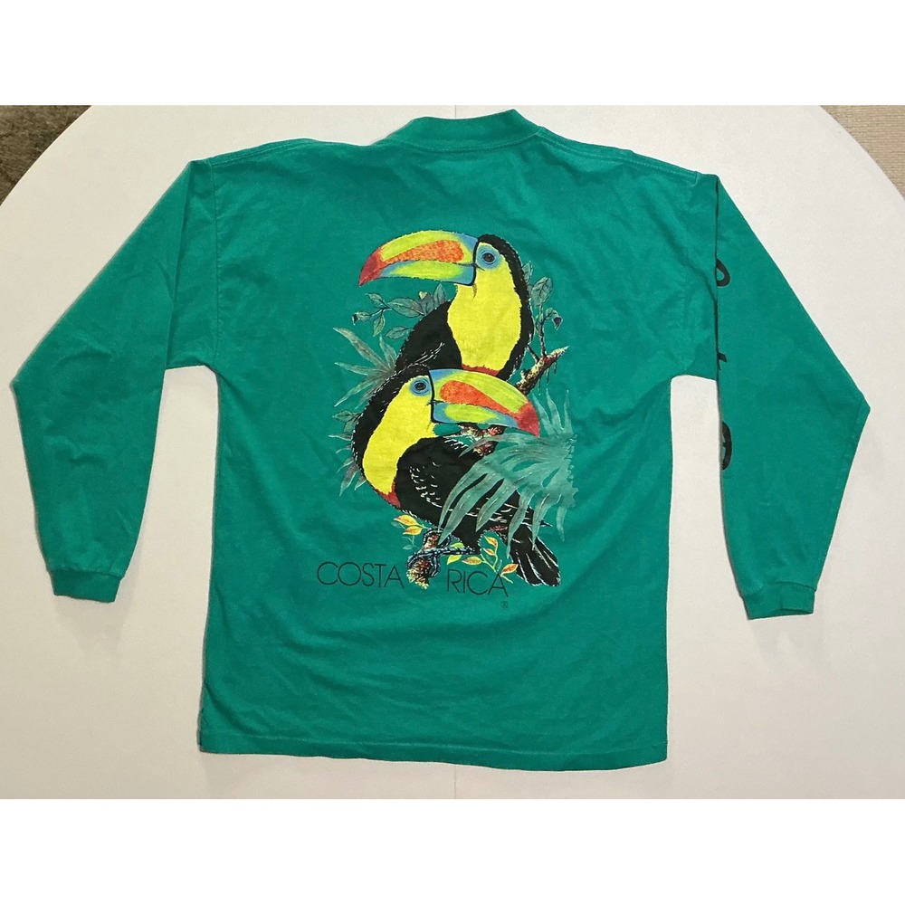 VTG Single Stitch Costa Rica Toucan Long Sleeve T-Shirt Nature Green‎ S Fits M